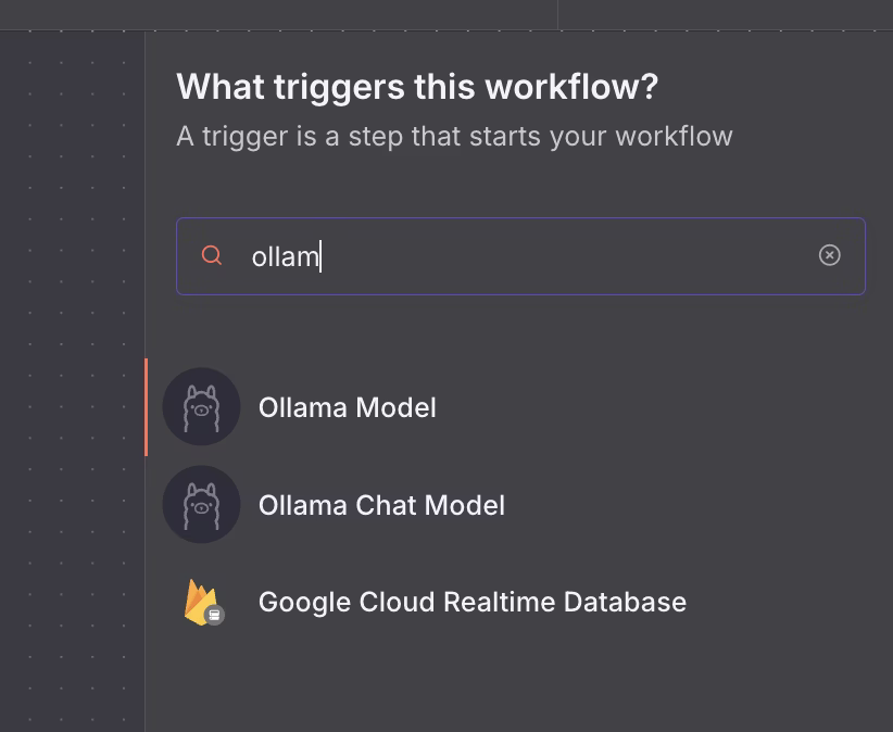 n8n workflow showing Ollama chat node added as first step