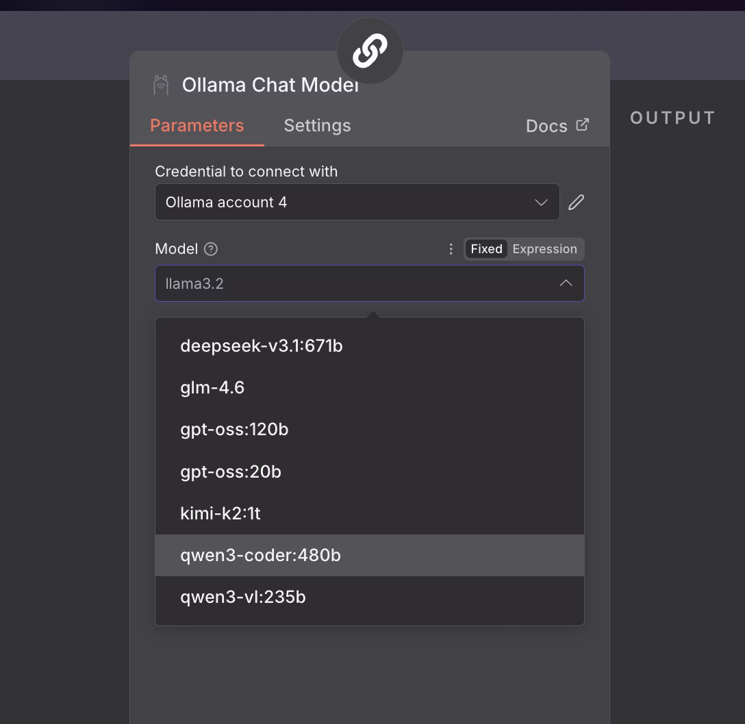 Model selection dropdown in n8n Ollama node showing available local models